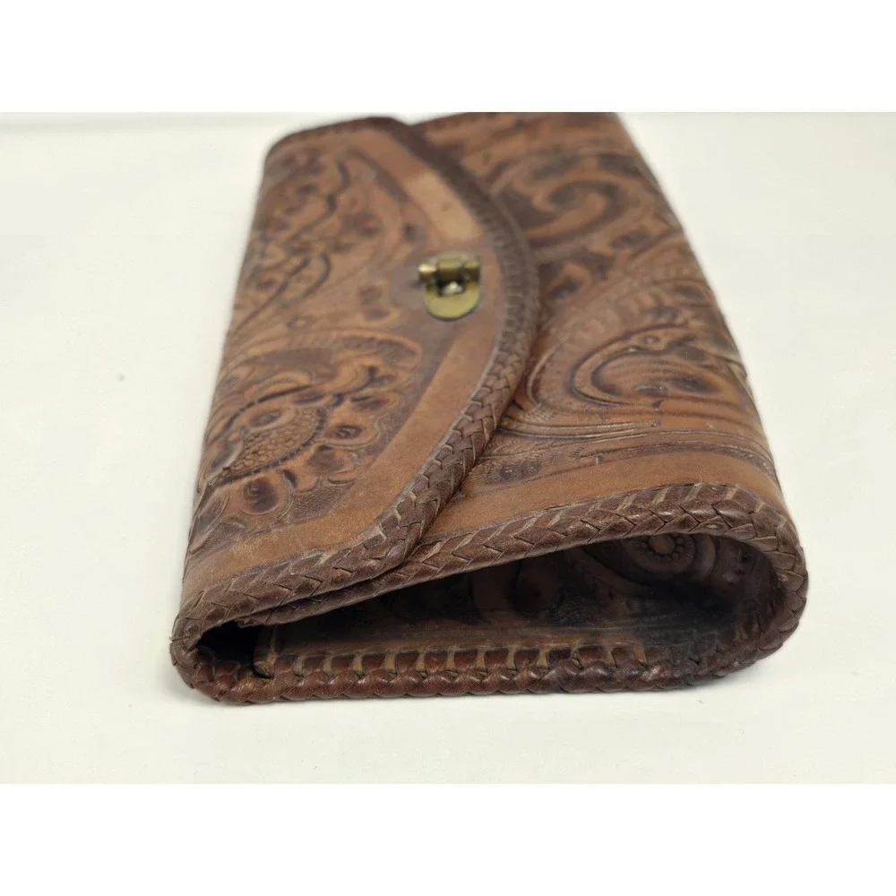 RARE‎ Vintage Brown Hand Tooled Leather Wallet Clutch , Gaiton - Made In Mexico